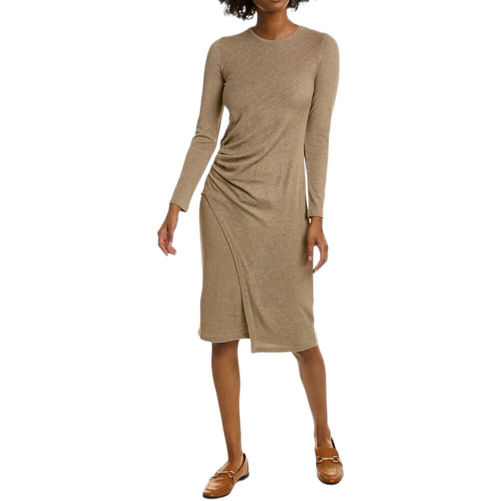 Vince Womens Large Brown Tencel Ruched Long Sleeve Midi Sheath Dress